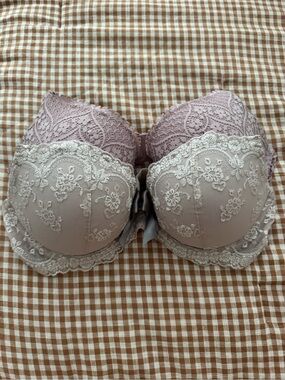 Aerie 36C Lightly Lined Bra Bundle Lace-Trim in Silver w/Bow Detail & Mauve Pink
